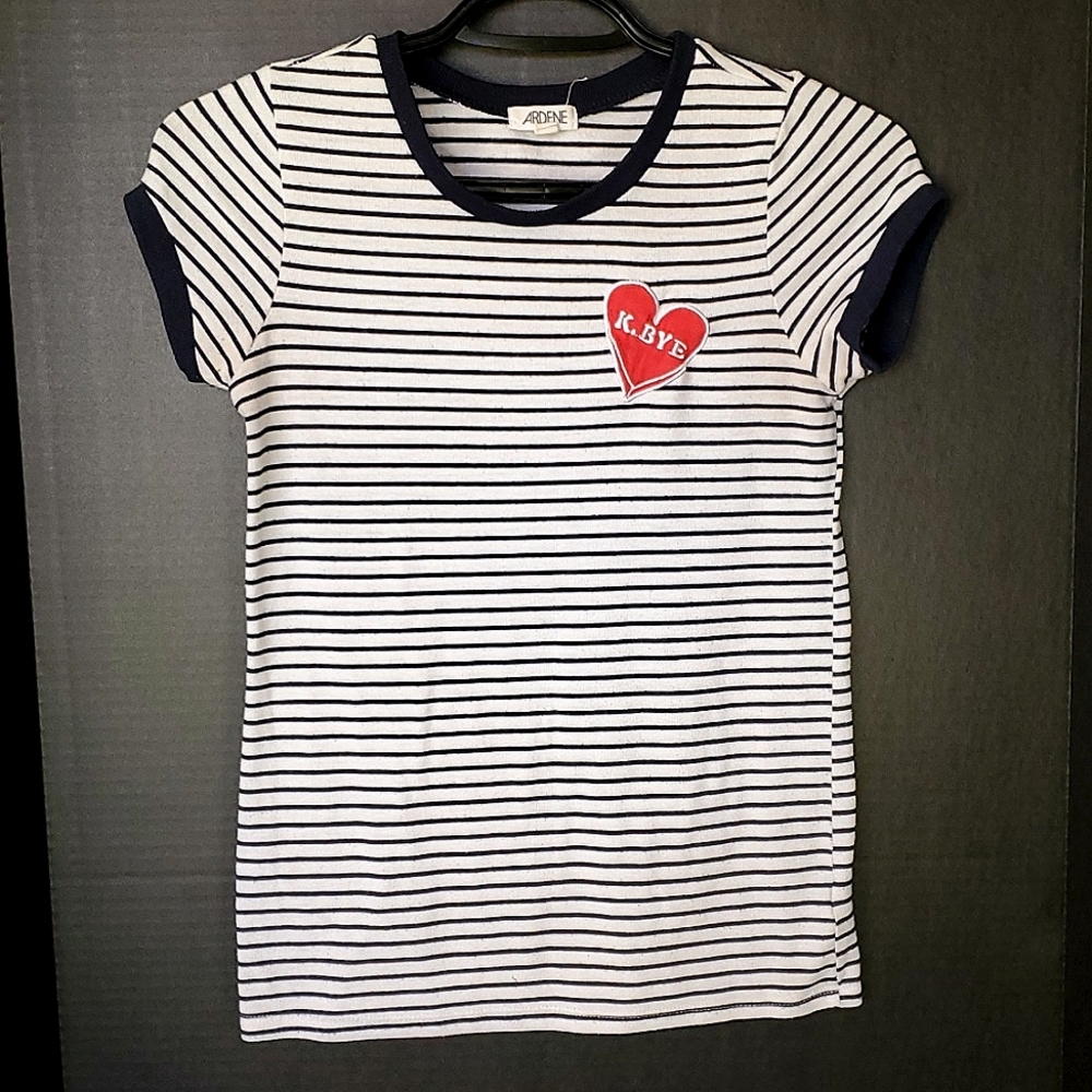 Ardene Navy/White Striped "K. BYE" Patch T-Shirt - Size XSmall